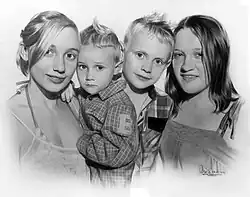 "Les deux sœurs et deux frères." Papier, peinture à l'huile. 50x70 cm. Technique "la brosse sèche"