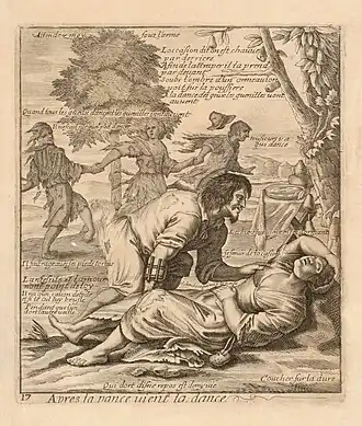 Dans un cadre champêtre, des paysans dansent en farandole après avoir manger un bon repas (table avec aliments à droite). Au premier plan, un homme s'approche d'une femme endormie et lui pose la main sur le sein. Lettre en haut, à gauche, une sentence : Attendez moy - souz l'orme. Dessous, au centre, un commentaire : Loccasion dit'on est chauue / par derriere / Afin de lattraper il la prend / par deuant / Soubs l'ombre d'un ormeau lon / uoit sur la poussiere / A la dance des gueux les guenilles uont / auuent. // Quand tous les gueux dancent les guenilles vont au vent // Il ne saict sur quel pied dancer - tousiours v a / qui dance. Vers le milieu, à droite : Les biens luy uiennent en dormant // se seruir de locasion // Il cherche ce qui na pas perdu. Dessous, à gauche : Il fait rage auec ses pieds tortus // La necessité et lamour / n'ont point de loy / Il na qun calcon de toile / et si le cul luy brusle / Pendant que l'un / dort l'autre ueille. En bas, au centre : Qui dort disne repos est demy uie, et à droite : Coucher sur la dure. Lettre dans la marge inférieure le titre : 17 - Apres la pance uient la dance.