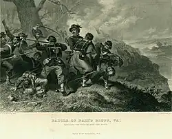 Gravure de plusieurs soldats engagés dans un combat au corps à corps au premier plan. Deux hommes au premier plan portent le corps d'un officier.