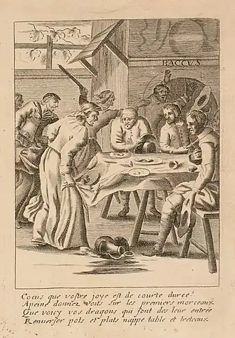 Eau-forte représentant une scène de repas entre quatre hommes que quatre femmes viennent interrompre sous le coup de la révélation d'adultères. L'une tire sur la nappe, faisant tomber la vaisselle tandis que les autres pourchassent les maris infidèles. Lettre en haut sur le manteau de la cheminée : BACCVS. Lettre dans la marge inférieure le commentaire : Cocus que vostre joye est de courte duree ! / A peine donnez vous sur les premiers morceaux / Que voicy vos dragons qui font des leur entrée / Renuerser pots et plats nappe table et treteaux.