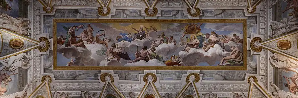 Giovanni Lanfranco, fresque du Conseil des Dieux sur la voûte de la Salle des Empereurs de la Villa Borghèse Pinciana