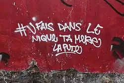 Slogan « Jfais dans le nique ta mère la pute&nbsp;[sic] » en blanc sur un mur rouge.