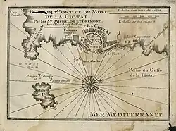 Plan de La Ciotat de 1730 indiquant le fort du Bérouard et la muraille de la ville.
