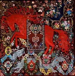 Tapis figurant un cheval rouge qui piétine un dragon.