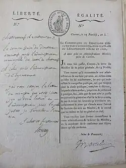 Échange de courrier administratif entre les commissaires du Directoire exécutif en l'an V.