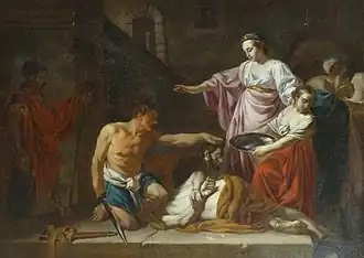 Photographie d'un tableau représentant une scène de décapitation.