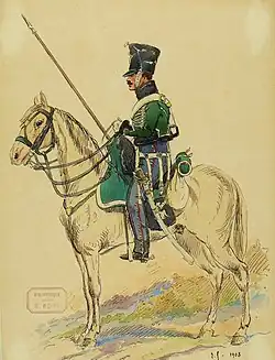 Un cavalier sur sa monture, armé d'une lance, vu de profil.