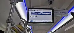 Écran de la ligne 9 affichant que le prochain arrêt est "Tételin" (dir. Dainville ZA)