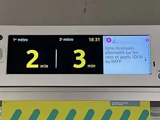 Écran SIEL de la ligne 4 à la station Mouton-Duvernet avec affichage des perturbations.