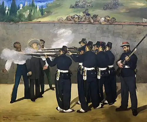 Peinture à l'huile représentant Maximilien en tenue bleue portant un sombrero, entouré de deux autres hommes, fusillés par un peloton de six hommes, tandis qu'un autre soldat recharge son fusil et que derrière le mur observent une dizaine de spectateurs