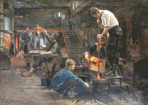 Atelier de souffleurs de verre aux cristalleries du Val-Saint-Lambert, 1905 (huile sur toile ; 90 × 125 cm), Liège, musée de la Vie wallonne.
