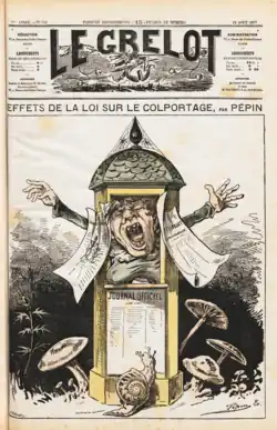 Caricature montrant une femme âgée dans un kiosque à journaux.