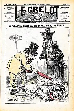 Dessin de presse représentant un homme vêtu d'un habit ecclésiastique admirant une grosse bête à quatre pattes tandis qu'un autre homme taquine l'animal du bout de son parapluie.