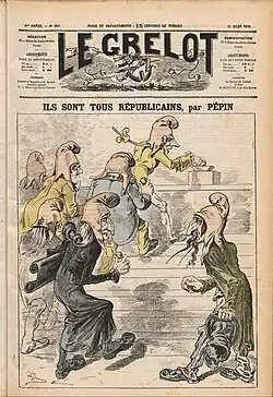 Dessin de presse montrant des hommes coiffés d'un bonnet phrygien.