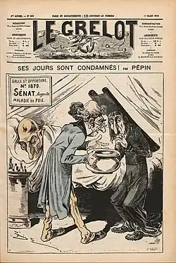 Dessin de presse montrant un homme malade sur un lit tandis qu'un médecin et un ecclésiastique examinent ses urines dans un pot de chambre.