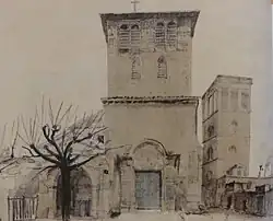 Aquarelle représentant une petite église.