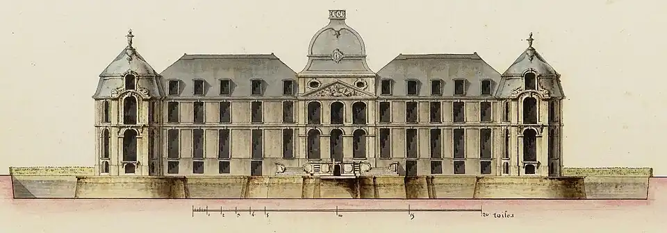 Elévation du château d'Everly du côté du jardin, 1785. Façade édifiée au milieu du XVIIIe siècle.