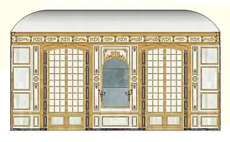 Essai de restitution de la coupe de la paroi Ouest du grand salon des marronniers, vers 1705.