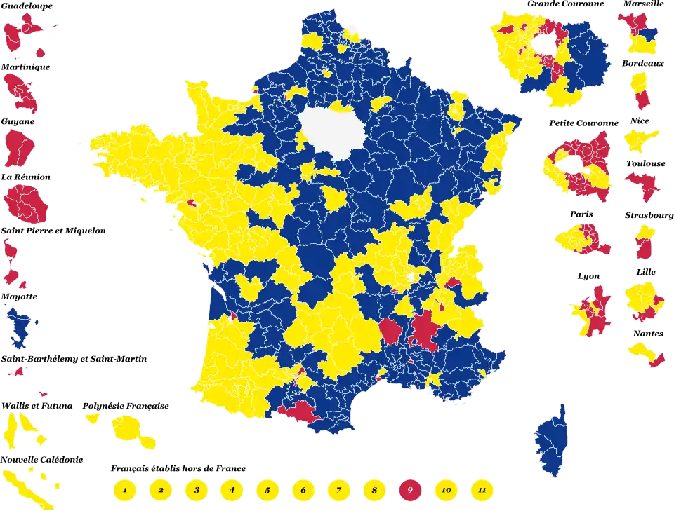 Candidats arrivés en tête dans chaque circonscription législative au 1er tour.