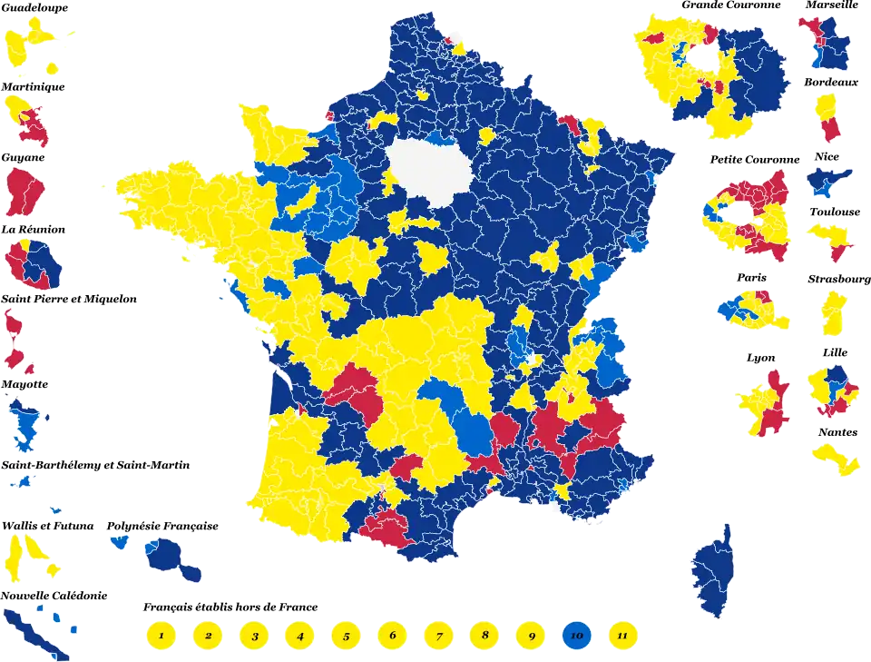 Candidats arrivés en tête dans chaque circonscription législative au 1er tour.