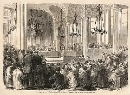 Gravure montrant un public dans une grande salle.