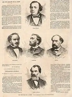 Gravure montrant cinq portraits d'hommes.