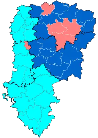 Nuance politique des candidats arrivés en tête dans chaque canton au 1er tour dans le département de l'Aisne.