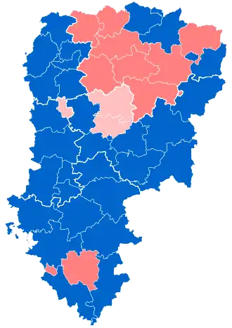 Nuance politique des candidats arrivés en tête dans chaque canton au 1er tour dans le département de l'Aisne.