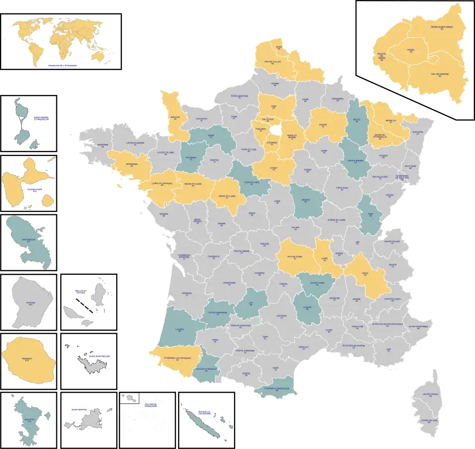 Répartition des départements et territoires français par série et mode de scrutin : Série 1 avec scrutin majoritaire.Série 1 avec scrutin proportionnel.Série 2 (non concernée par l'élection de 2023).