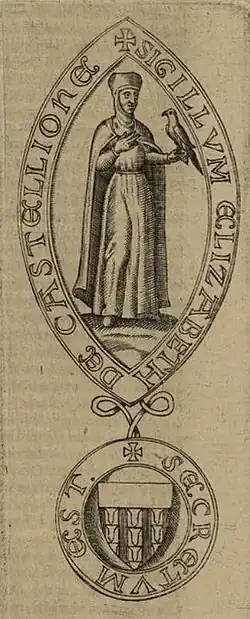 Dessin en noir et blanc représentant un sceau médiéval sur lequel figure une dame richement vêtue tenant un oiseau à la main gauche.