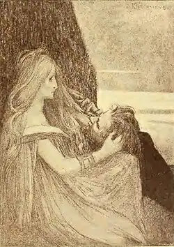 Une femme aux longs cheveux clairs dénoués, habillée d'une ample robe longue est assise. Elle soutient, sur ses genoux, avec la main droite, la tête d'un homme à l'expression souffrante.