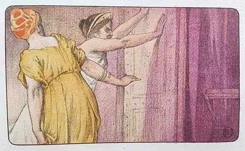 Une femme de dos, en robe jaune avec un turban orange, devant une autre femme en robe blanche, les mains appuyées ur un mur.