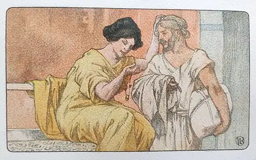 Une femme en robe jaune, assise, un collier à la main gauche, la droite sur la tête d'un homme barbu, en robe blanche, un colis sous le bras gauche.