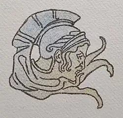 dessin au trait d'une tête d'homme portant un casque.