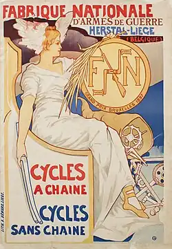 Affiche couleur montrant une femme, déifiée, assise et tenant un médaillon avec le monogramme « FN ».