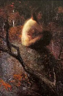 Une figure féminine dotée d'une paire de pattes de bouquetin est assise dans un paysage forestier, la main posée sous le menton dans une attitude méditative.