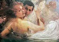 Huile sur toile montrant une femme, enlacée par homme.