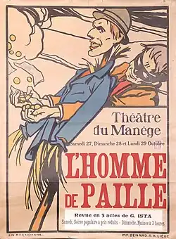 Un homme ramasse des pièces d'or qui tombe d'un sac tout en tenant un épouvantail rempli de paille portant un chapeau.