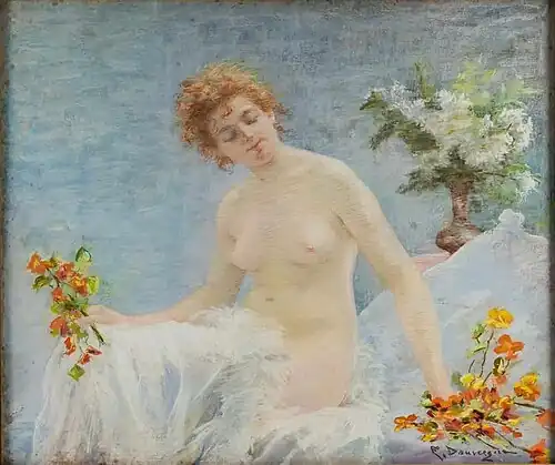 Jeune femme au bouquet de capucines et lilas, pastel, 80&nbsp;×&nbsp;94&nbsp;cm. Collection privée.