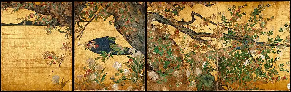 Érable entouré d'herbes d'automne (détail), par Hasegawa Tōhaku, 1592. Chijaku-in de Kyoto.