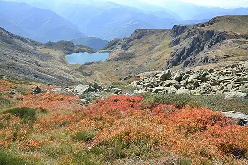 Vue sur l'étang d'Appy depuis le chemin descendant du col de l'étang (versant sud du massif de Tabe, Ariège, France).