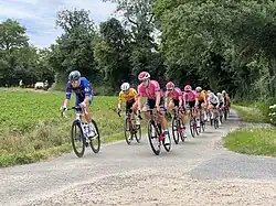 Coureurs cyclistes portant sur leur maillot un mécénat de l’équipe cycliste Van Rysel-Roubaix au tour de l'Ain à l'été 2024.