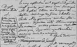 Acte de baptême d'Etienne Taché. 5 septembre 1795. Paroisse Saint-Thomas de la ville de Montmagny.