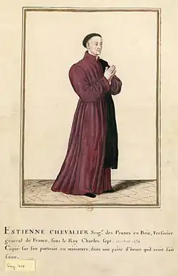 Personnage en manteau pourpre les mains jointes