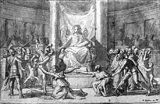 Étude du Jugement de Salomon de la main de Poussin. Au fond de ce dessin préparatoire, se trouvent de nombreux figurants que le peintre a choisi de retirer, comme en témoigne le résultat final.