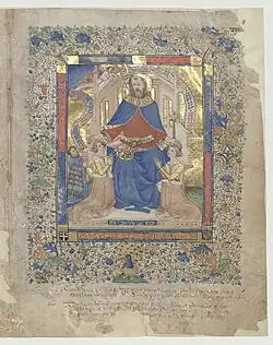 Miniature de saint Goëry dans l'Évangéliaire pourpre, XVe siècle.