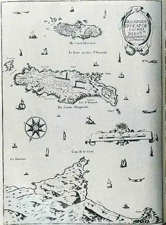 Cannes et les îles de Lérins en 1727, avec le château du Suquet en bas à droite.