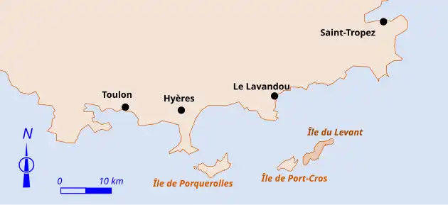 Schéma coloré d'une côte avec quelques chefs lieux et des îles adjacentes.
