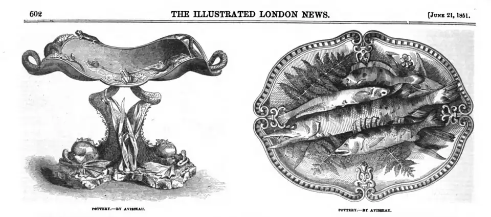 Charles-Jean Avisseau (d'après), Vasque rustique portée par des dauphins et Plat de poissons, 1851, Londres, Illustrated London News.