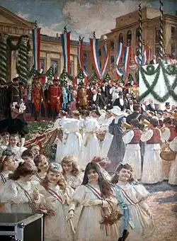 Visite de l'empereur François-Joseph&nbsp;Ier à Zagreb, des drapeaux rouge-blanc-bleu croates sont présents (1895).